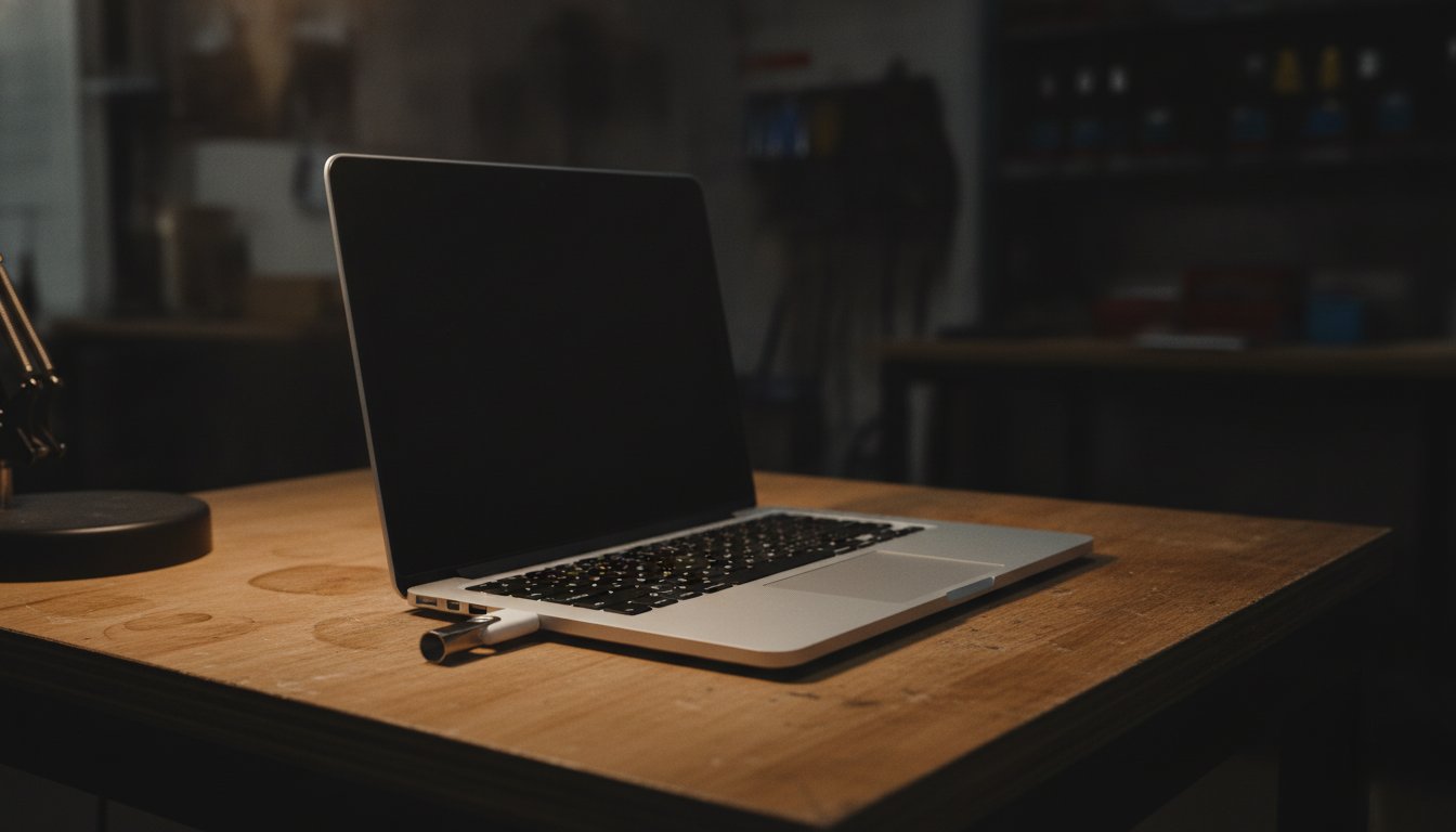 A USB flash drive plugged into a laptop left alone on a bench in a closed repair shop, the file copying researchers caught on their logs
