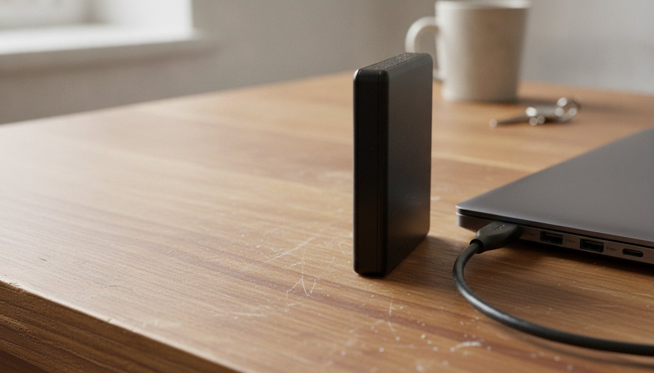 A portable external hard drive cabled to a closed laptop on a kitchen table, backing up files before dropping the machine at a repair shop