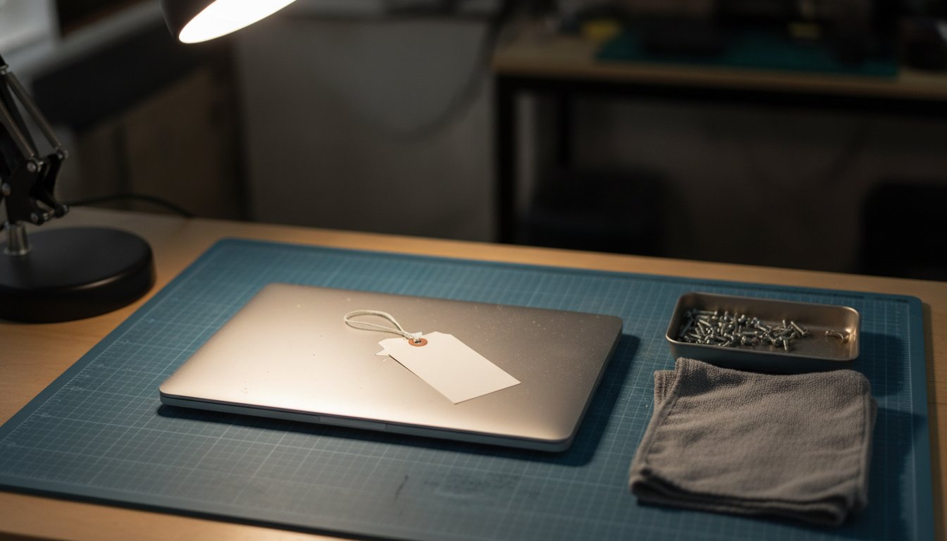A closed laptop tagged and alone on an anti-static mat at a single repair bench, showing chain of custody during a repair
