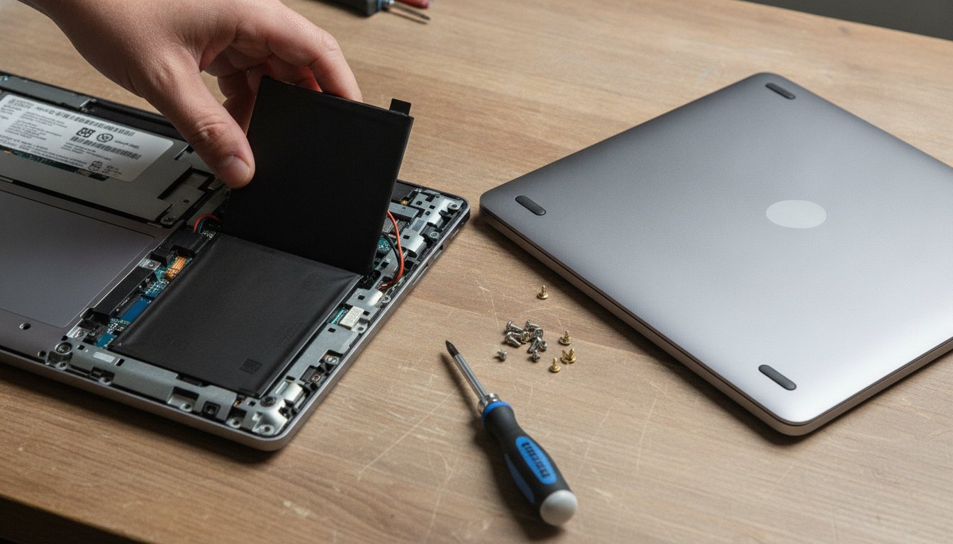 A technician's hand lifting the battery out of an opened laptop, the kind of hardware repair that never needs your password