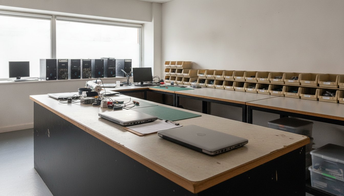 The counter and workbench of a small computer repair shop, where customers hand their machines over to a stranger