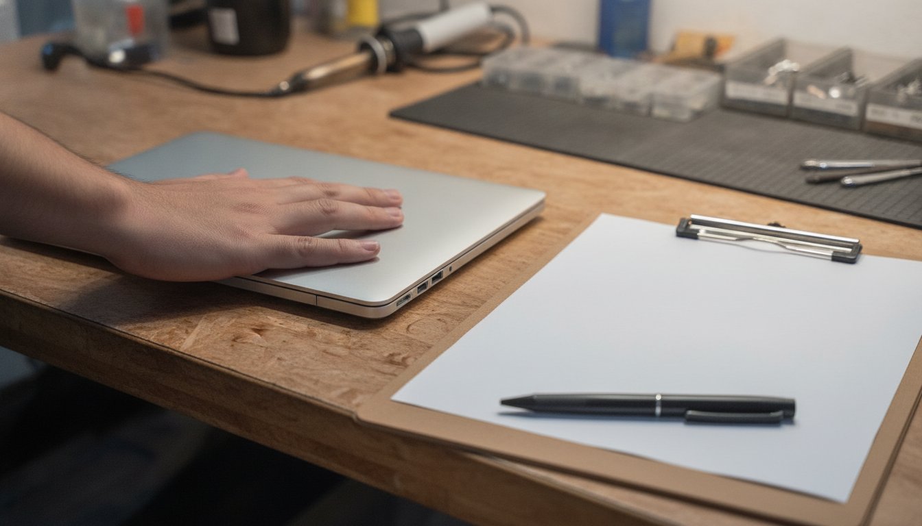 A customer's hand resting on a closed laptop at a repair shop counter beside a clipboard holding a blank intake ticket