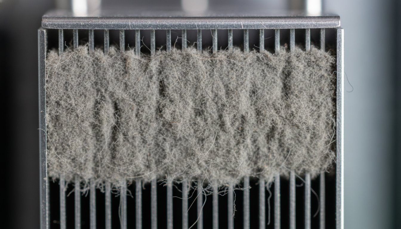 Dust packed between the fins of a CPU heatsink, the blanket that traps heat and slows a PC down