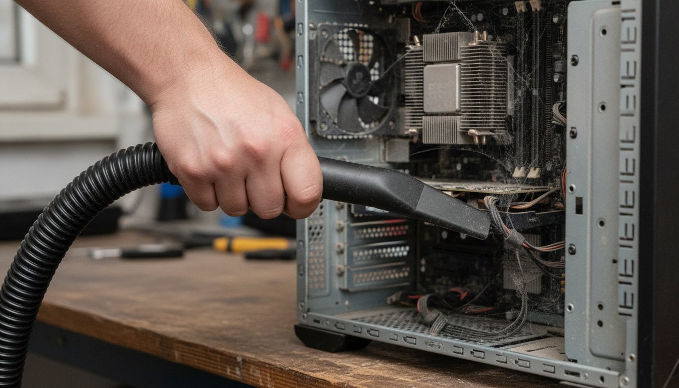 A household vacuum nozzle held beside an open PC case, the cleaning method to avoid