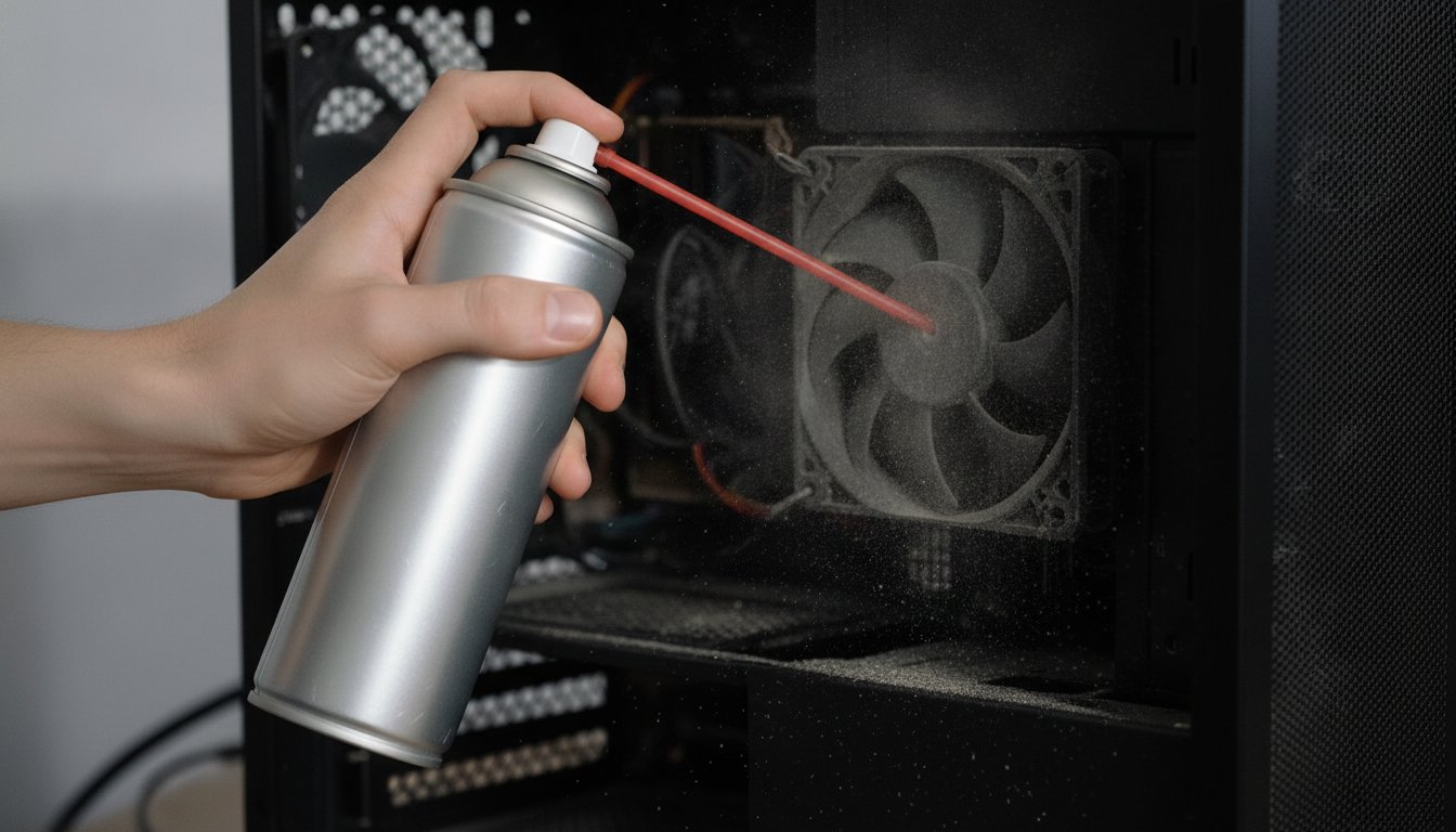 A can of compressed air held upright in short bursts to blow dust off a PC case fan