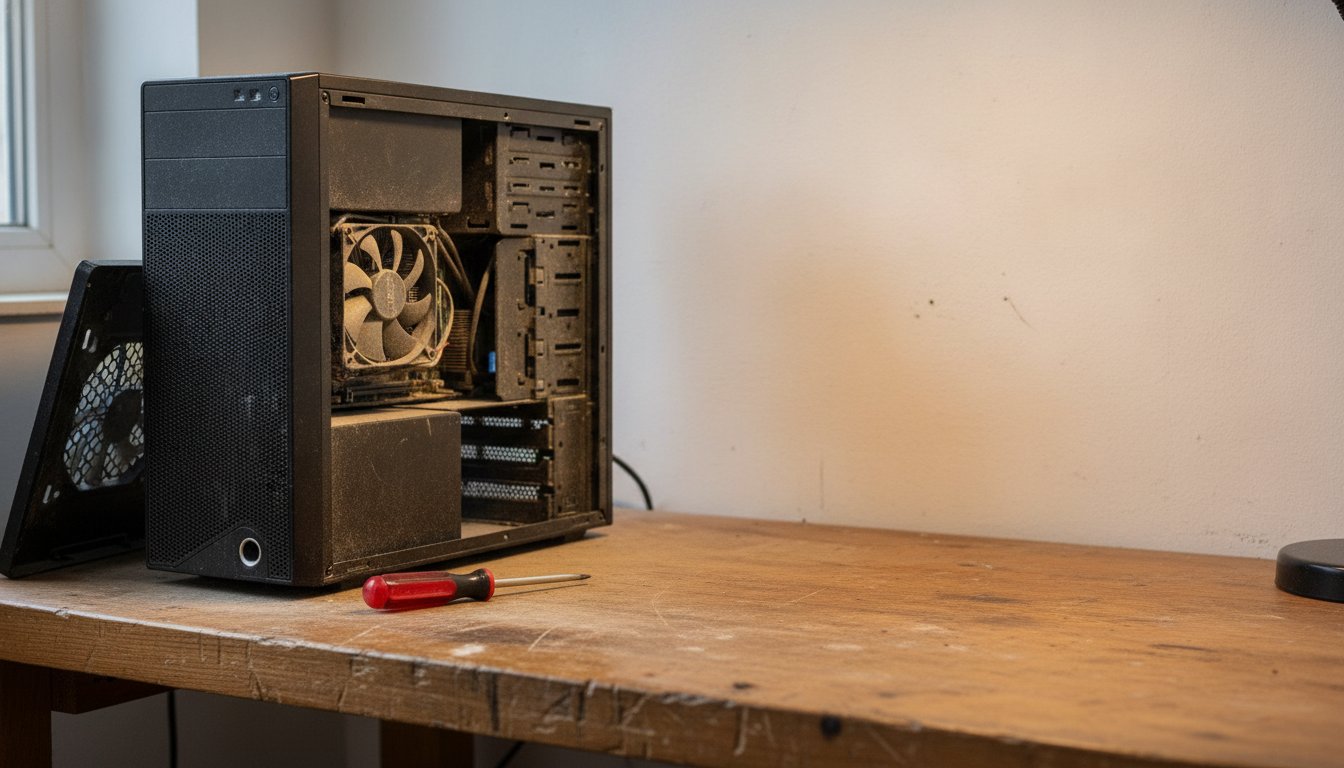 A dusty desktop computer opened up on a repair bench for cleaning