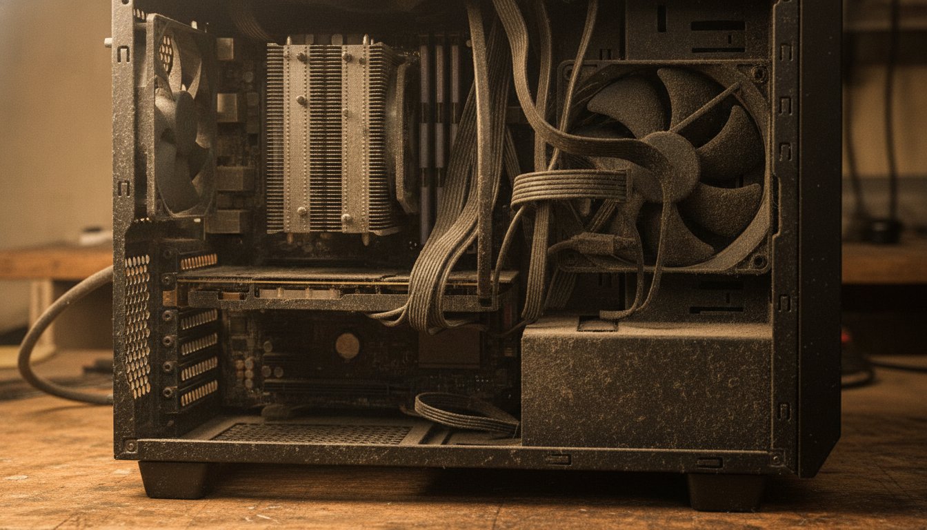Thick dust caked over the heatsink, fans and boards inside a desktop PC before a cleaning that could improve performance