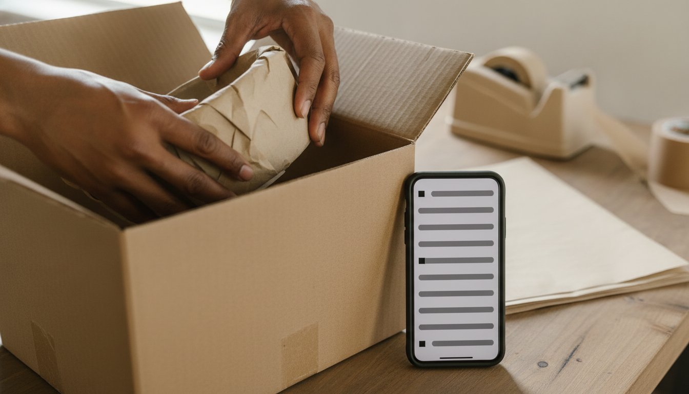 Hands packing a handmade item into a shipping box beside a phone showing a short list, the sales tax question for an out of state Etsy order