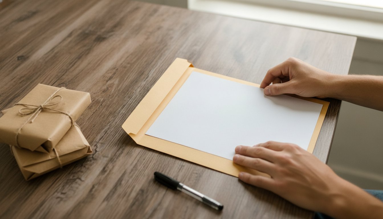Hands tucking a blank form into a folder at the table edge near packaged goods, the paperwork set aside while an Etsy shop keeps selling