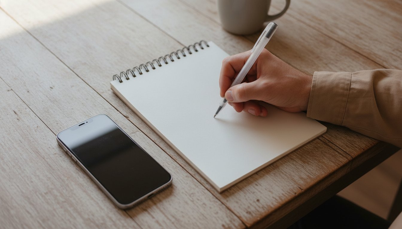 A hand writing on a blank notepad beside a phone lying face down, the record kept after calling a local government office about licensing