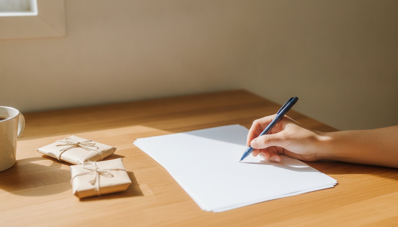 A hand resting a pen on a stack of blank paper beside wrapped handmade goods at a kitchen table, the paperwork question behind selling on Etsy