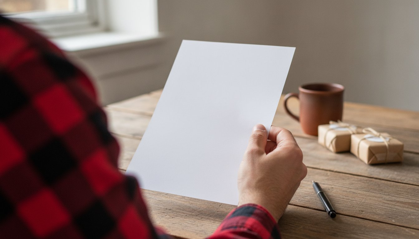 A hand holding up a completely blank sheet of paper at a kitchen table, the two minute self check for whether a license applies