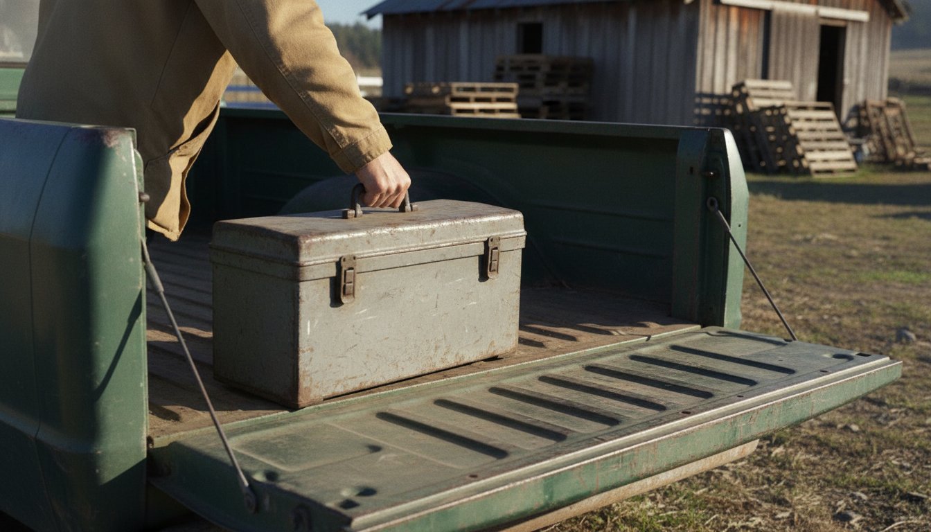 A technician lifting a toolbox into a pickup truck bed at a rural equipment yard, the visit-the-customer pattern that qualifies a business for a profile without an address