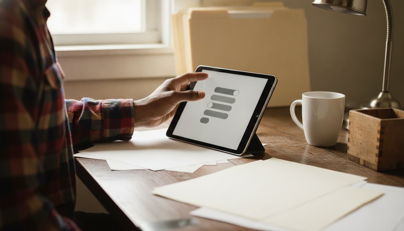 A hand adjusting a settings toggle on a tablet at a farm office desk, converting an existing Google Business Profile to hide its address
