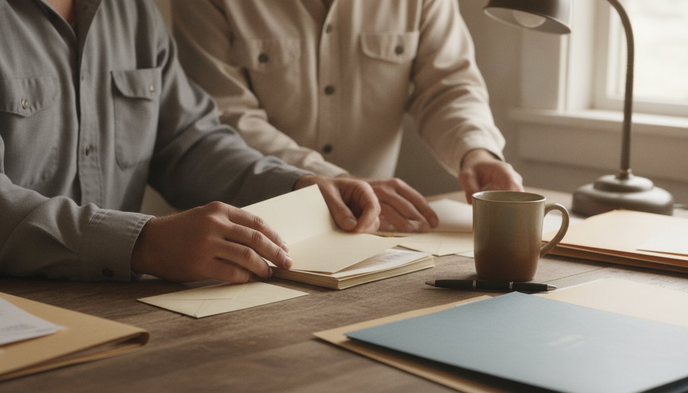 Hands sorting mail at a farm office desk with one plain envelope set apart, the private verification address Google checks but never shows publicly