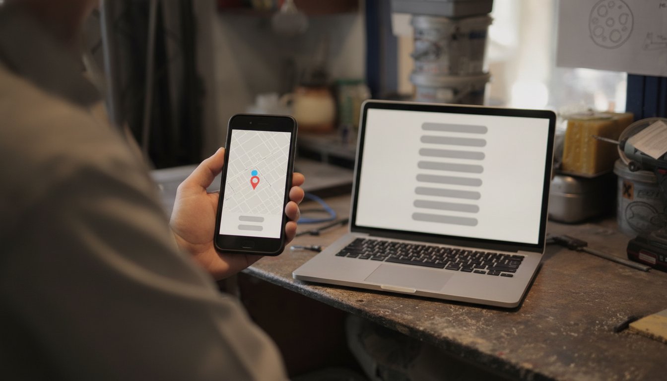 A phone showing a map pin held up in front of a laptop showing a plain results list, proof that hiding your address changes visibility, not your Google ranking