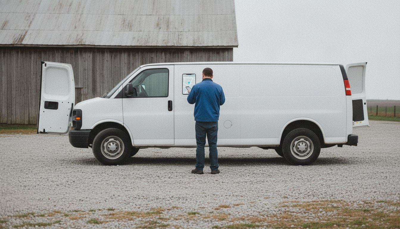A mobile service technician checking a map on his phone at his van in a rural farmyard, the home-based and service-area businesses a Google Business Profile without an address is built for