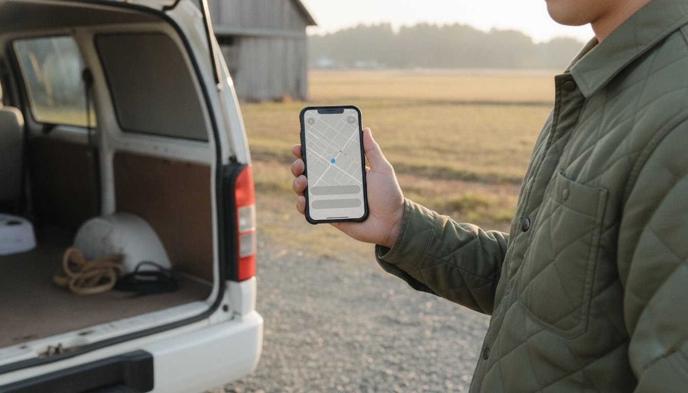 A hand holding a phone showing a map with a location dot beside an open service van in a farm field, a mobile business with no fixed storefront address