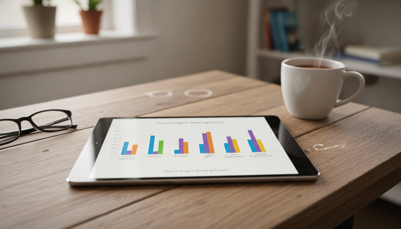 Comparing the main Google ranking factor categories as bar heights on a tablet, no single bar dominating