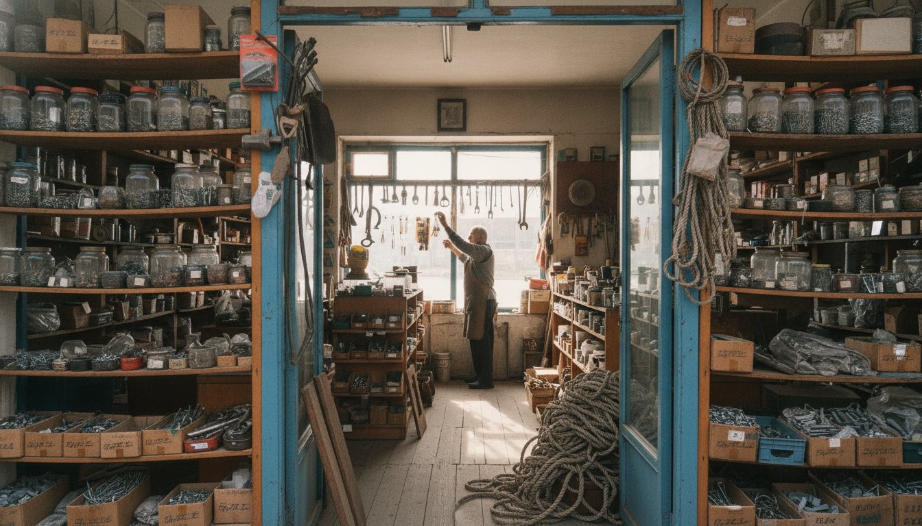 Small-town hardware store owner reviewing the crawl, index and rank cycle on a laptop at his counter