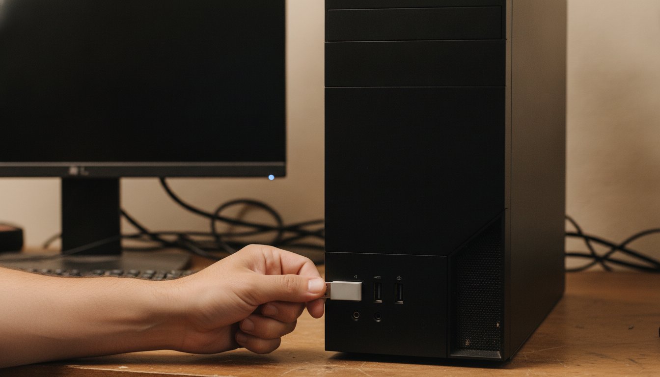 A USB stick going into a finished build for the operating system install, the hours that come after assembly