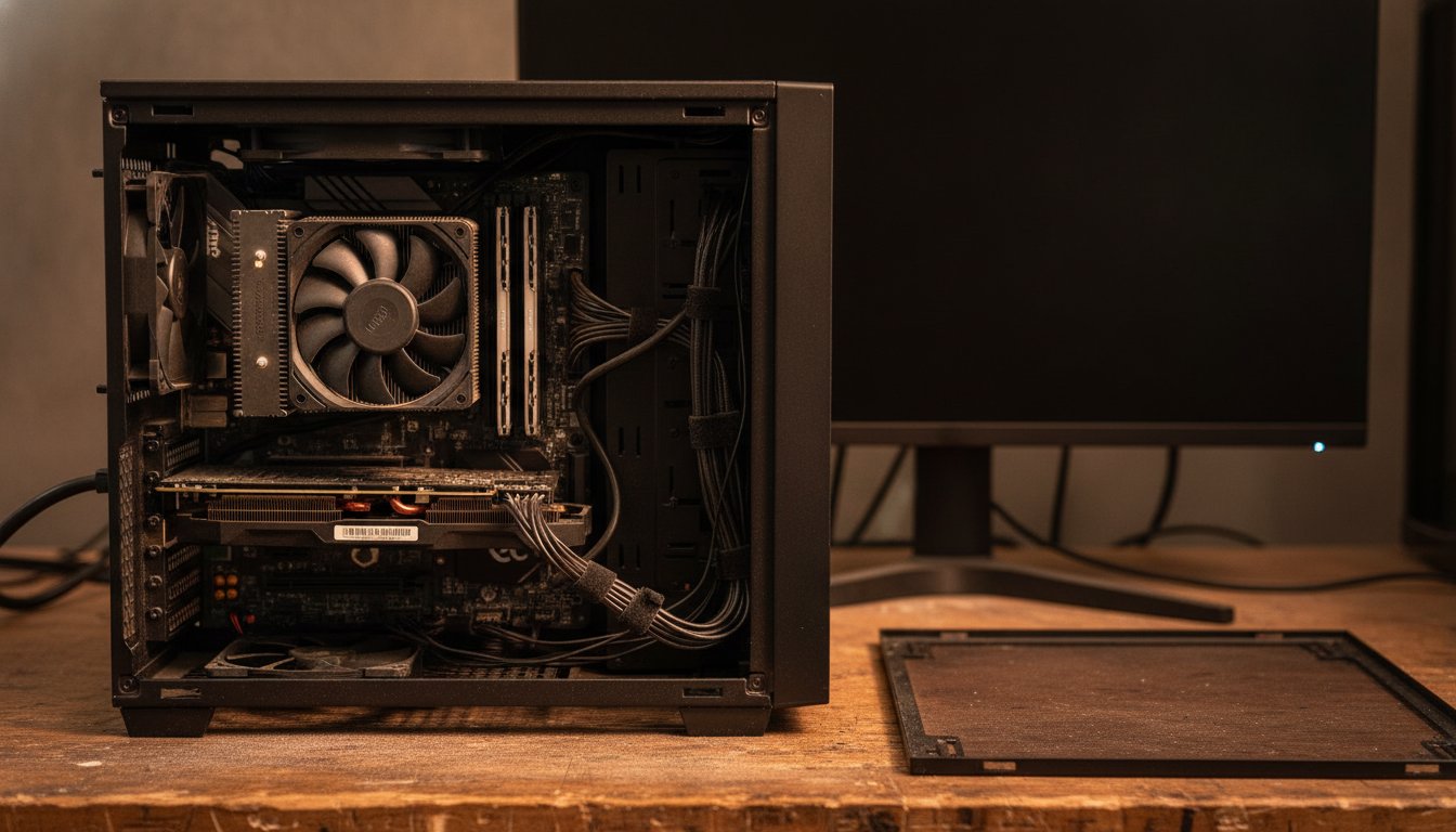 A finished custom PC on the bench with its side panel off during stability testing, the stage that decides when a build is done