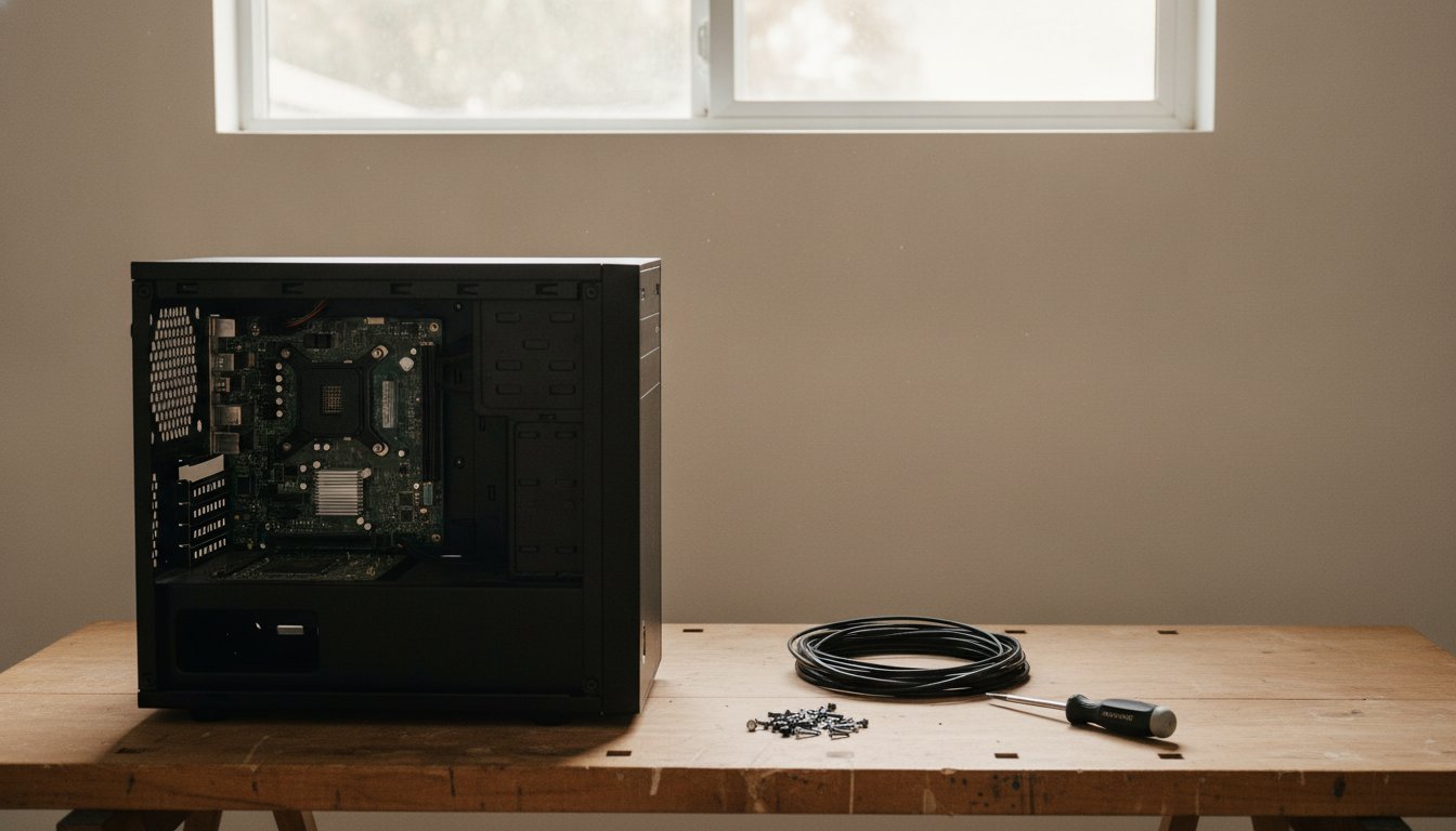 A half built desktop PC and hand tools on a home workbench, the setup behind how long a PC build takes