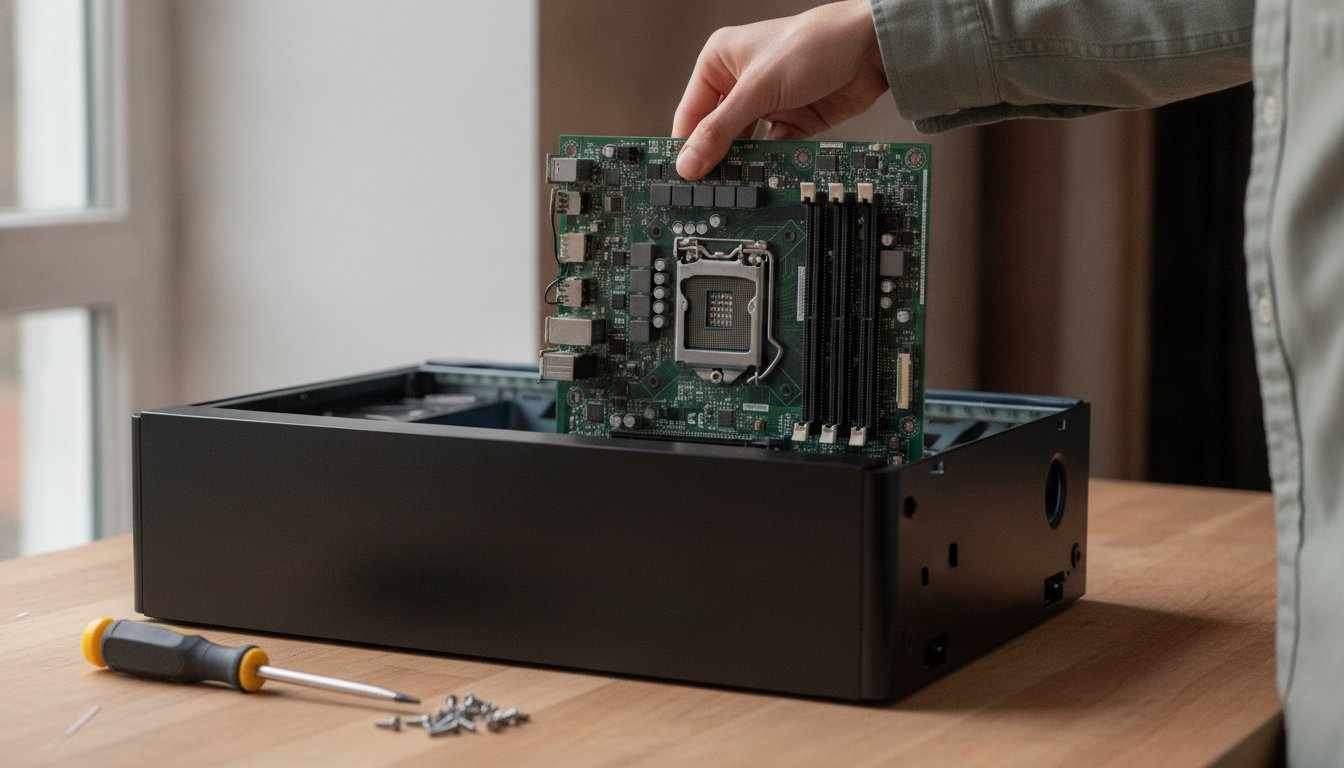 A builder lowering a motherboard into an open case, the assembly stage that sets how long it takes to build a PC