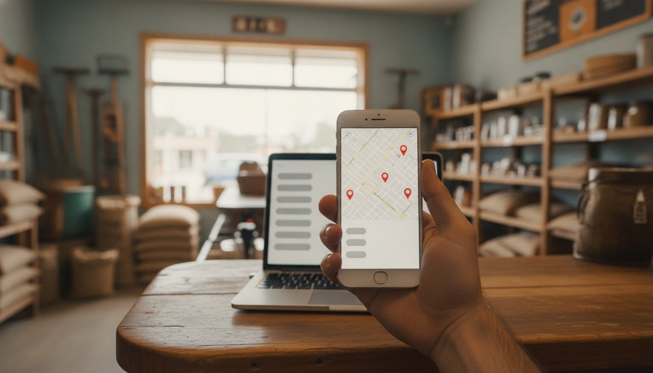 A phone showing a local map with pins held in front of a laptop showing plain search-result bars, comparing local and organic SEO speed