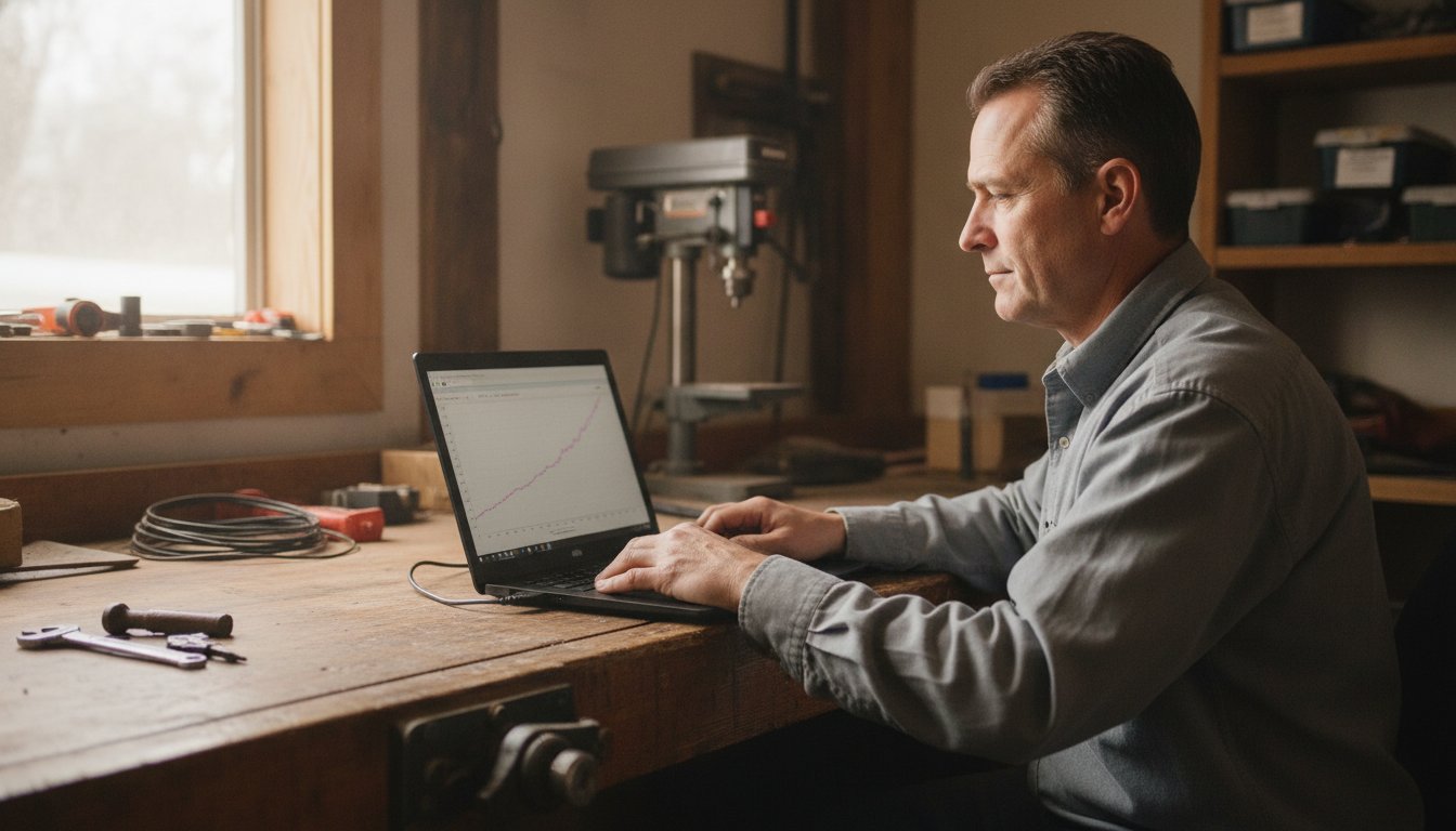 Small-town repair shop owner reviewing a slowly climbing SEO traffic line on his laptop, the honest timeline ahead