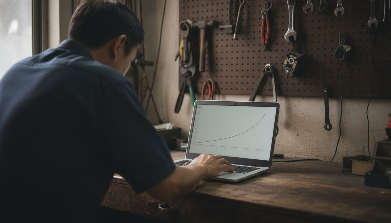 Business owner at his workbench watching an SEO graph start flat before it climbs, the real timeline behind the numbers
