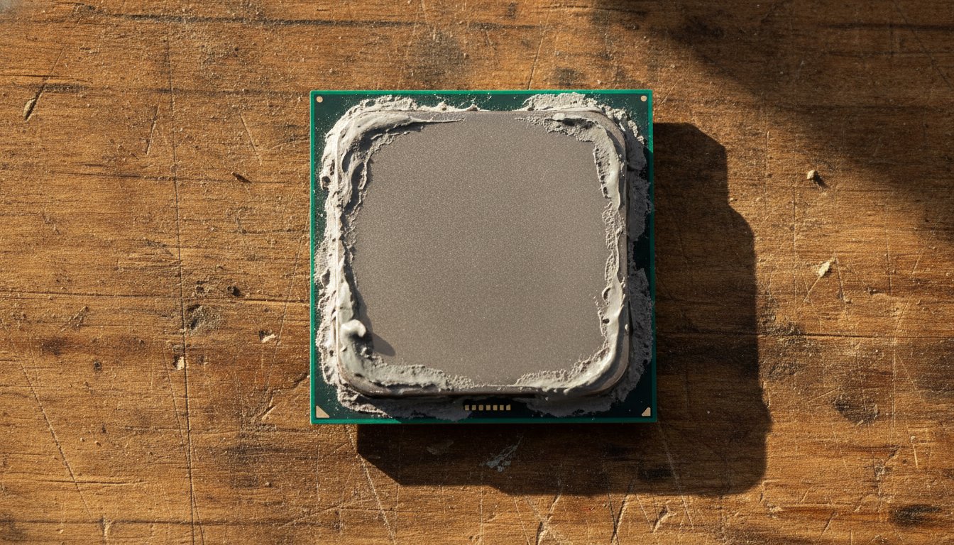 Old thermal paste dried into a thick ring around the edge of a CPU lid, the pump-out effect after years of heat cycling