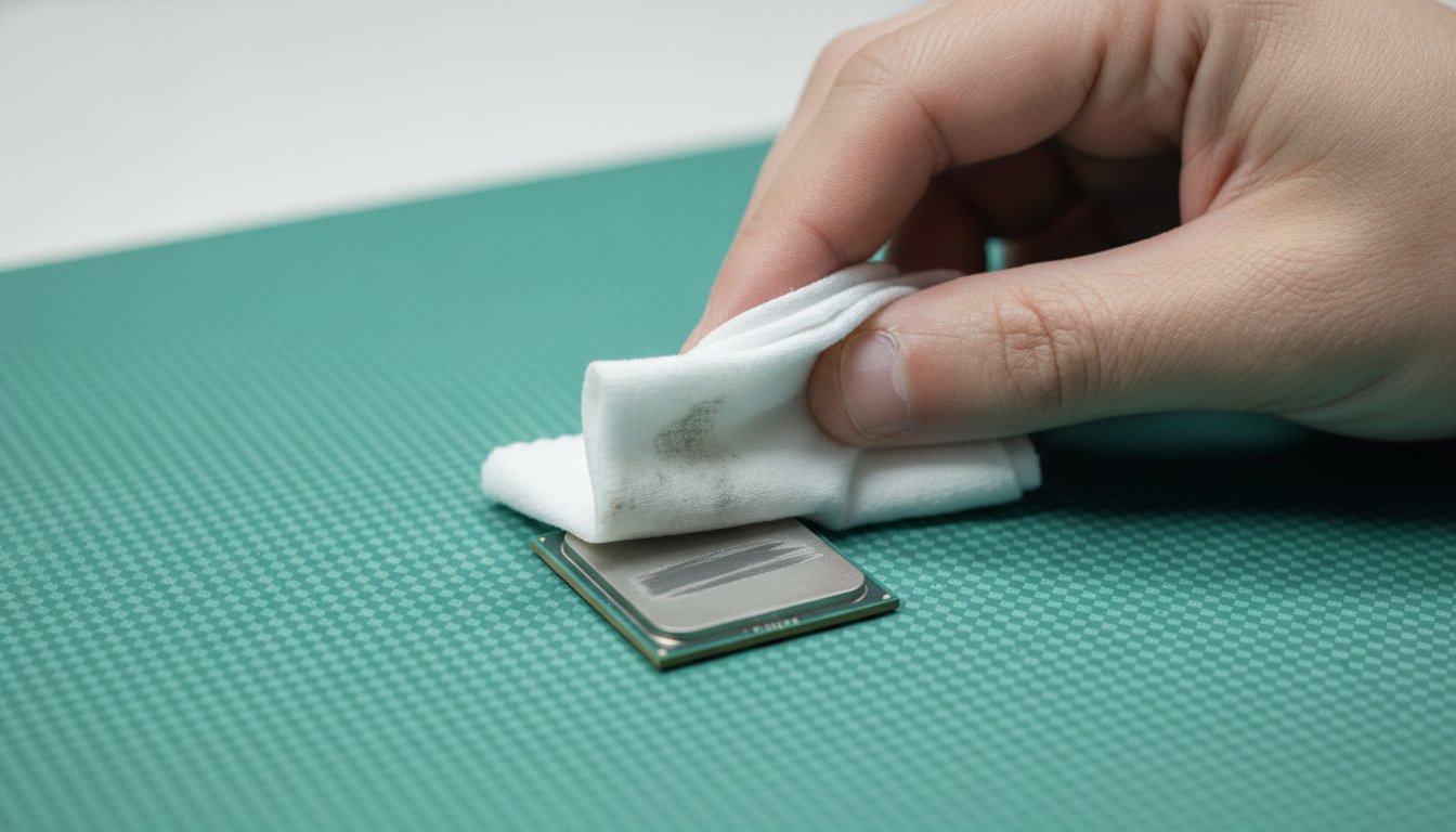 Wiping the old paste off a processor with a lint-free cloth, the step that decides how well a repaste works