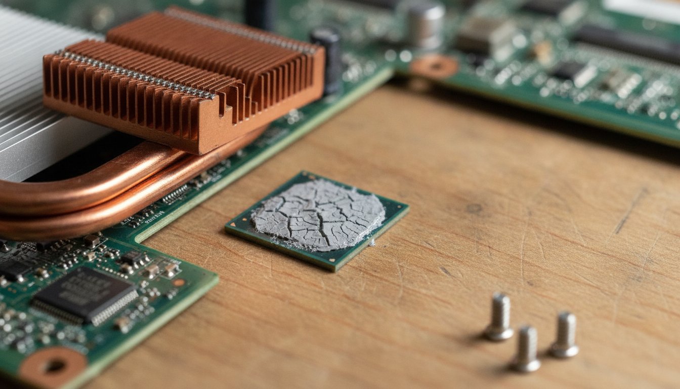 A laptop processor with its thermal paste dried and cracked, exposed with the copper heat pipe lifted away