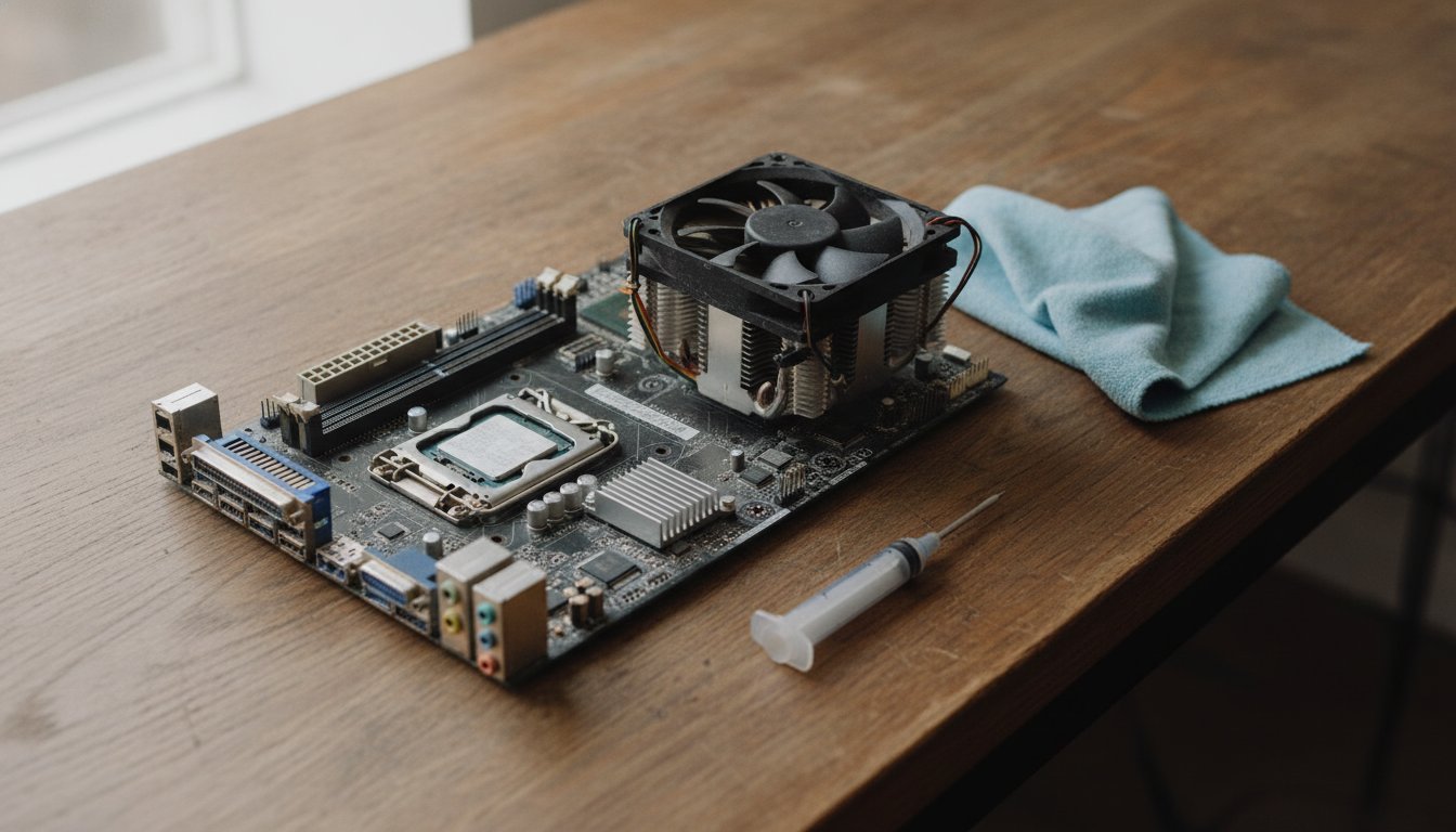 A motherboard with its cooler lifted off and a tube of thermal paste laid out on a repair bench
