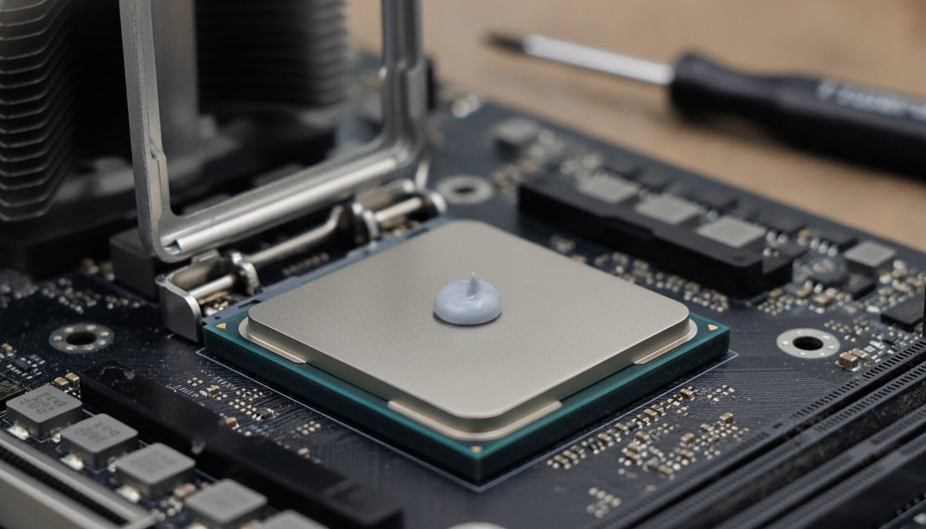Fresh thermal paste applied to the centre of a desktop CPU on a repair bench before the cooler goes back on