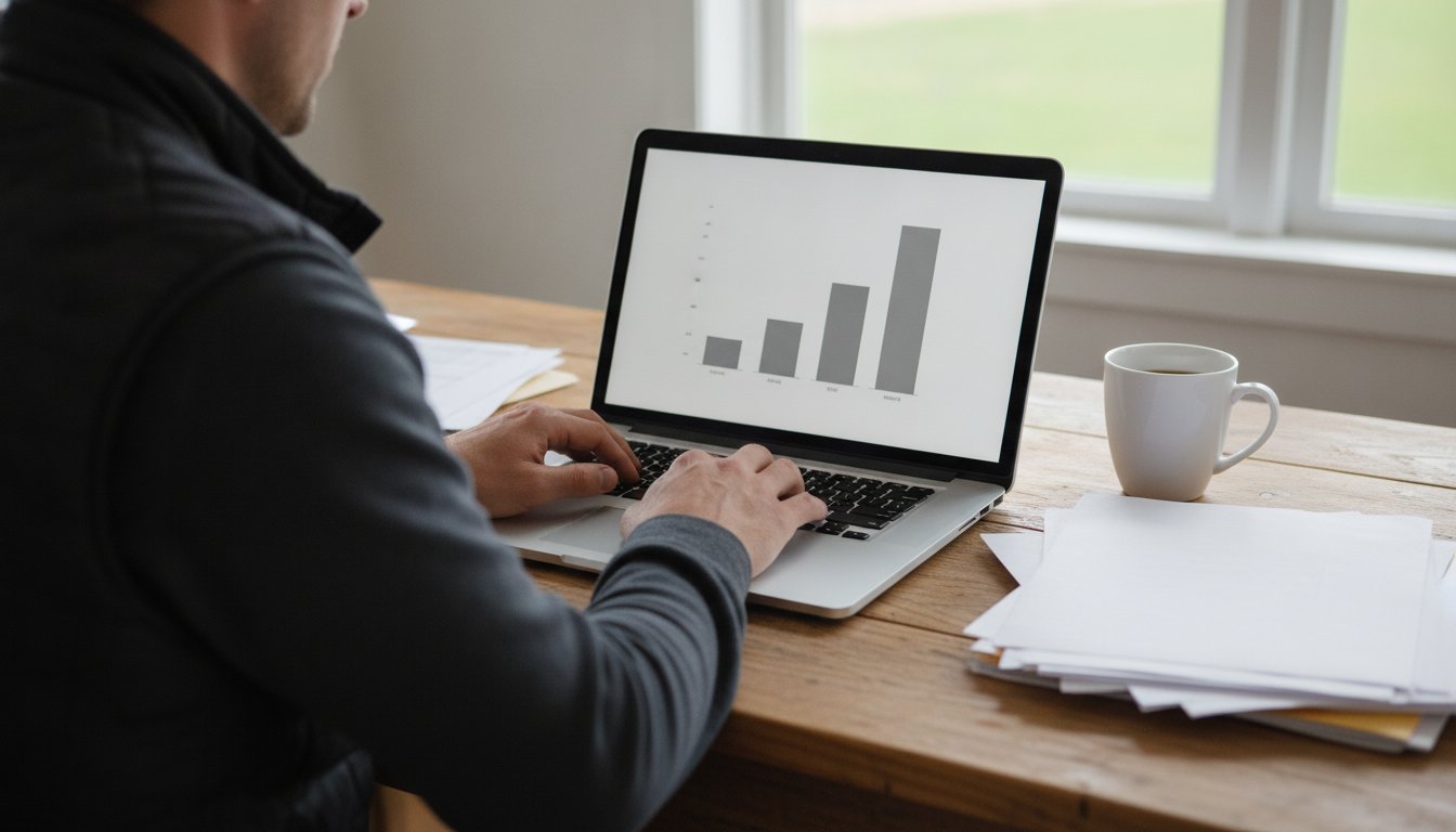 Hands typing on a laptop showing four bar columns of different heights at a farm office desk, representing the four different ways to measure a content marketing result