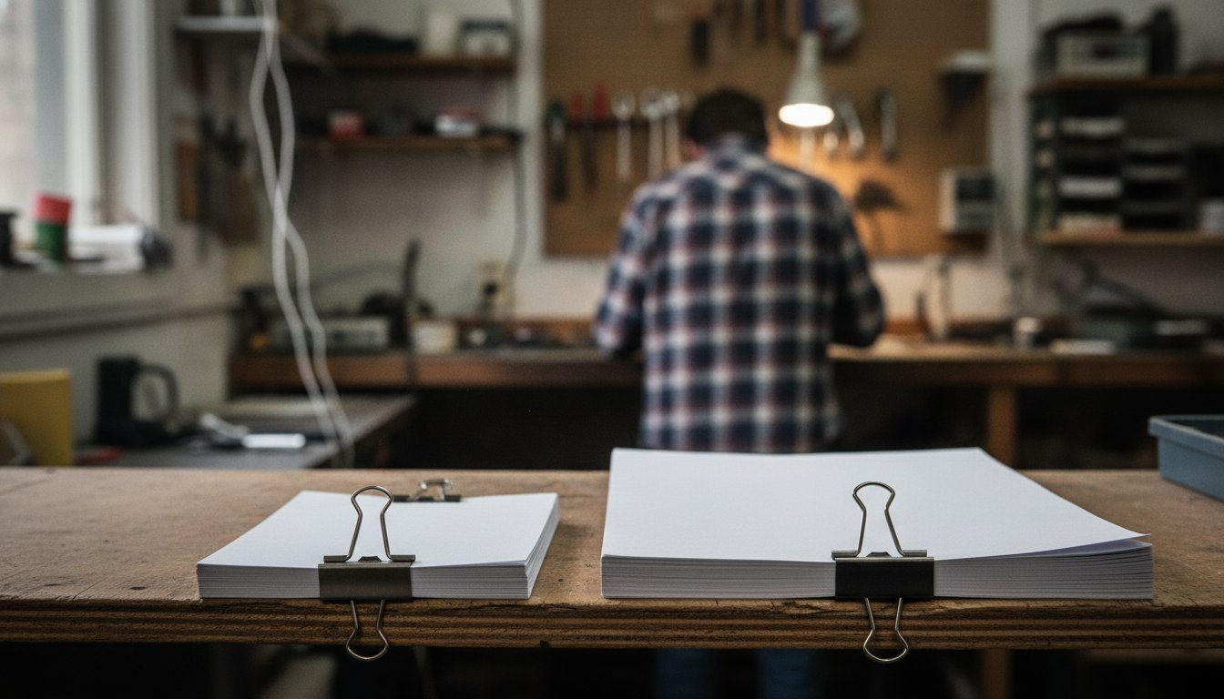 Hands holding a phone showing a four-part progress bar on a workbench, representing the month-by-month phases of a content marketing timeline