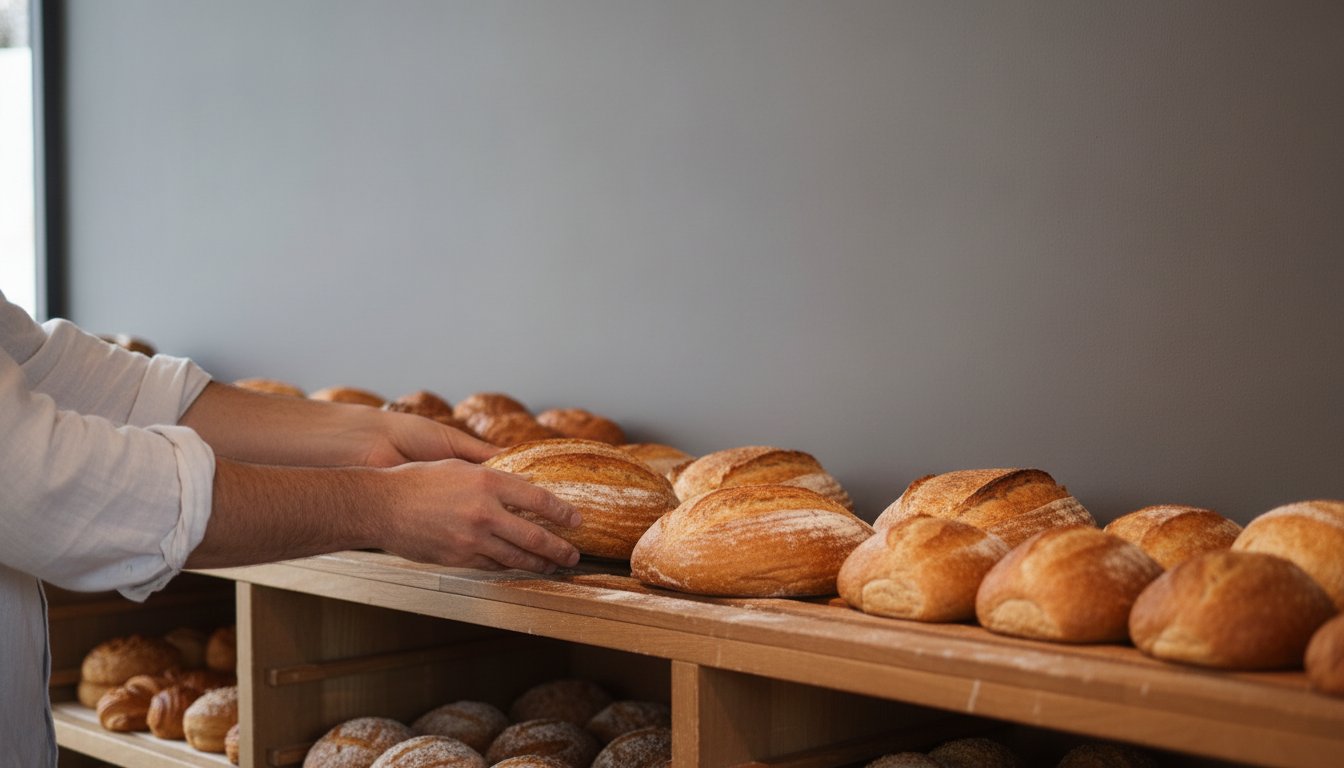 A baker checking a phone showing a small rising step chart at a flour-dusted counter, representing the early signs that content marketing is working before revenue arrives