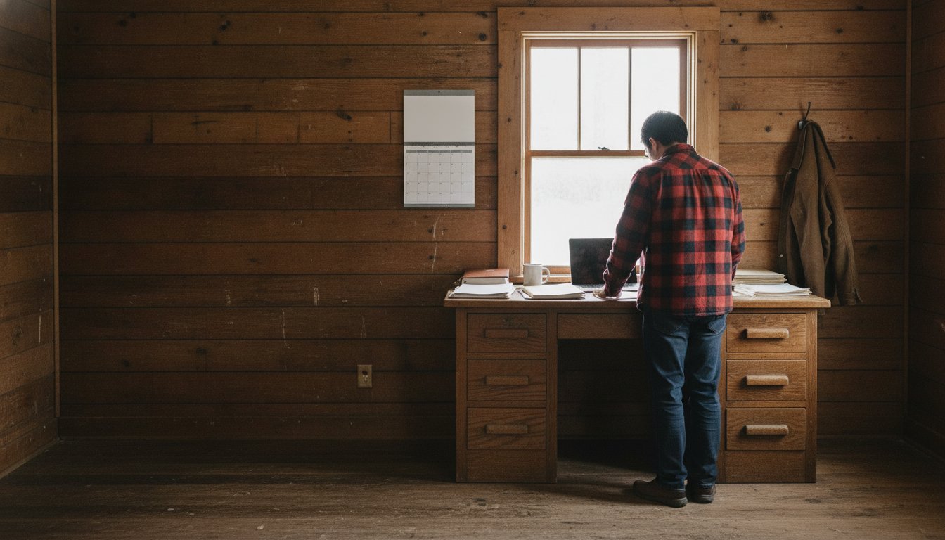 A farm office desk with a blank wall calendar and cluttered paperwork, representing the months it takes to see content marketing results
