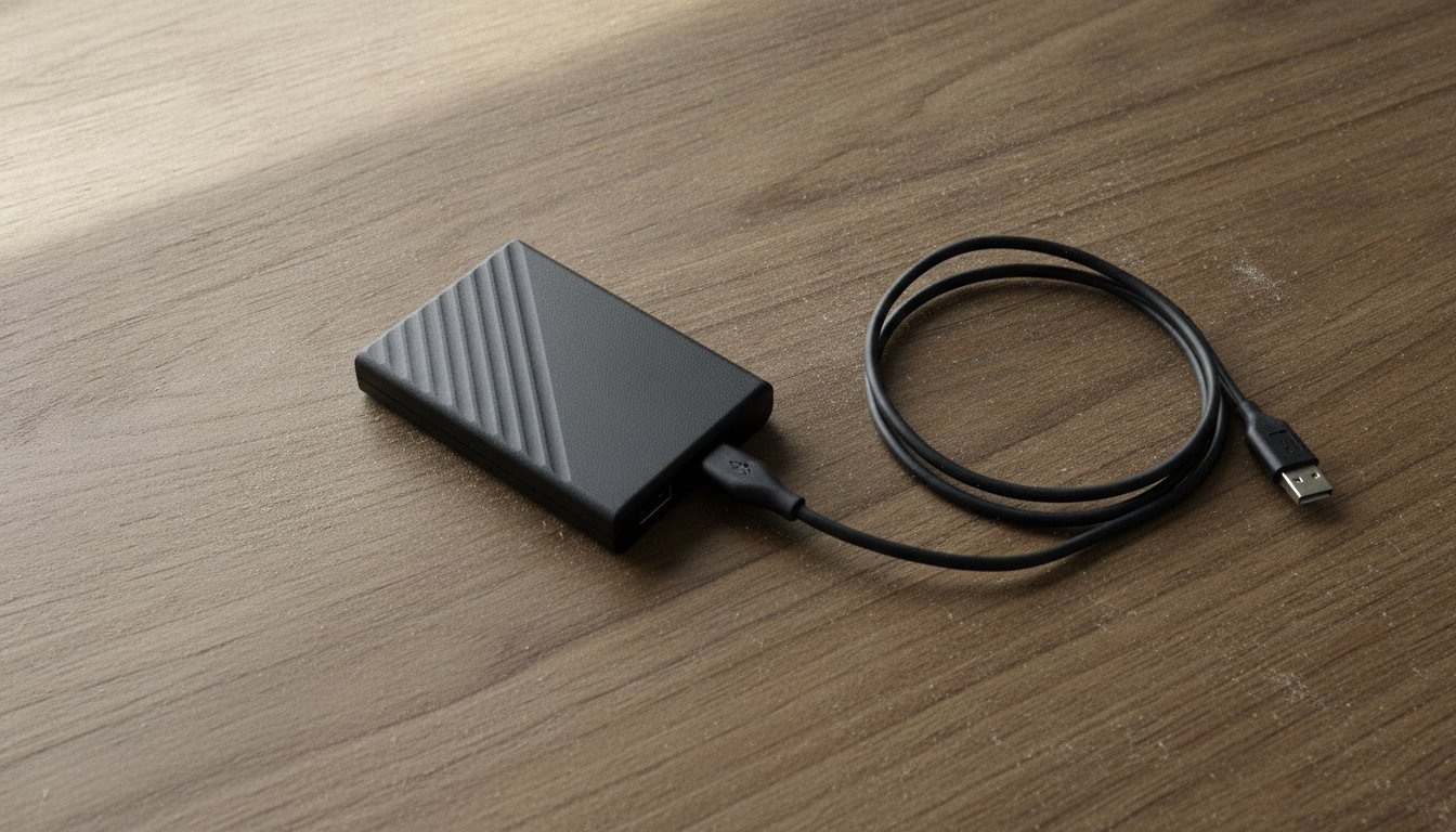 An external hard drive with its USB cable unplugged and coiled loose on a desk, the first move after a drive starts failing