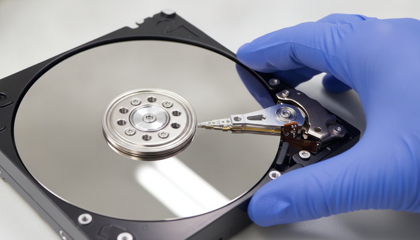 An opened hard drive held in a gloved hand under lab light, exposing the platter and head assembly that clean room recovery works on