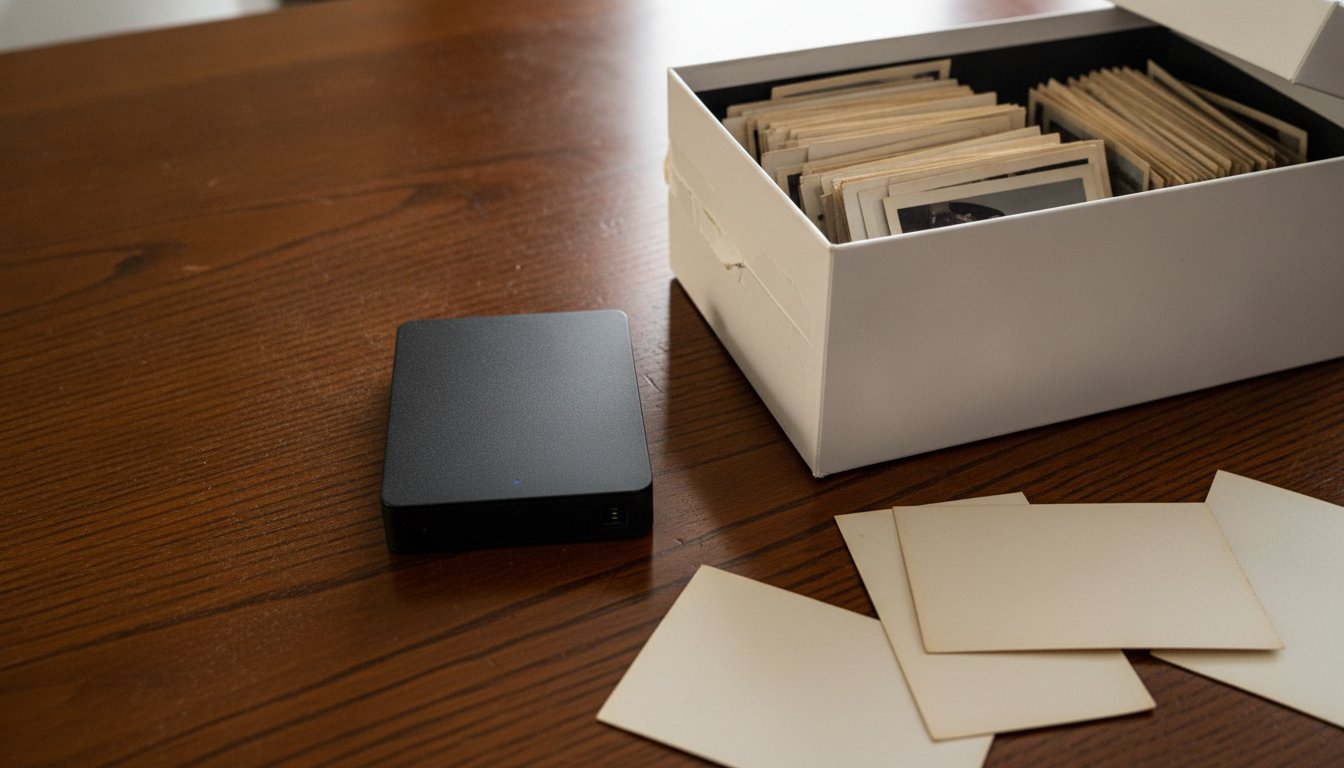 A small external backup drive on a desk beside a box of old printed photos, the arithmetic behind whether a recovery quote is worth paying