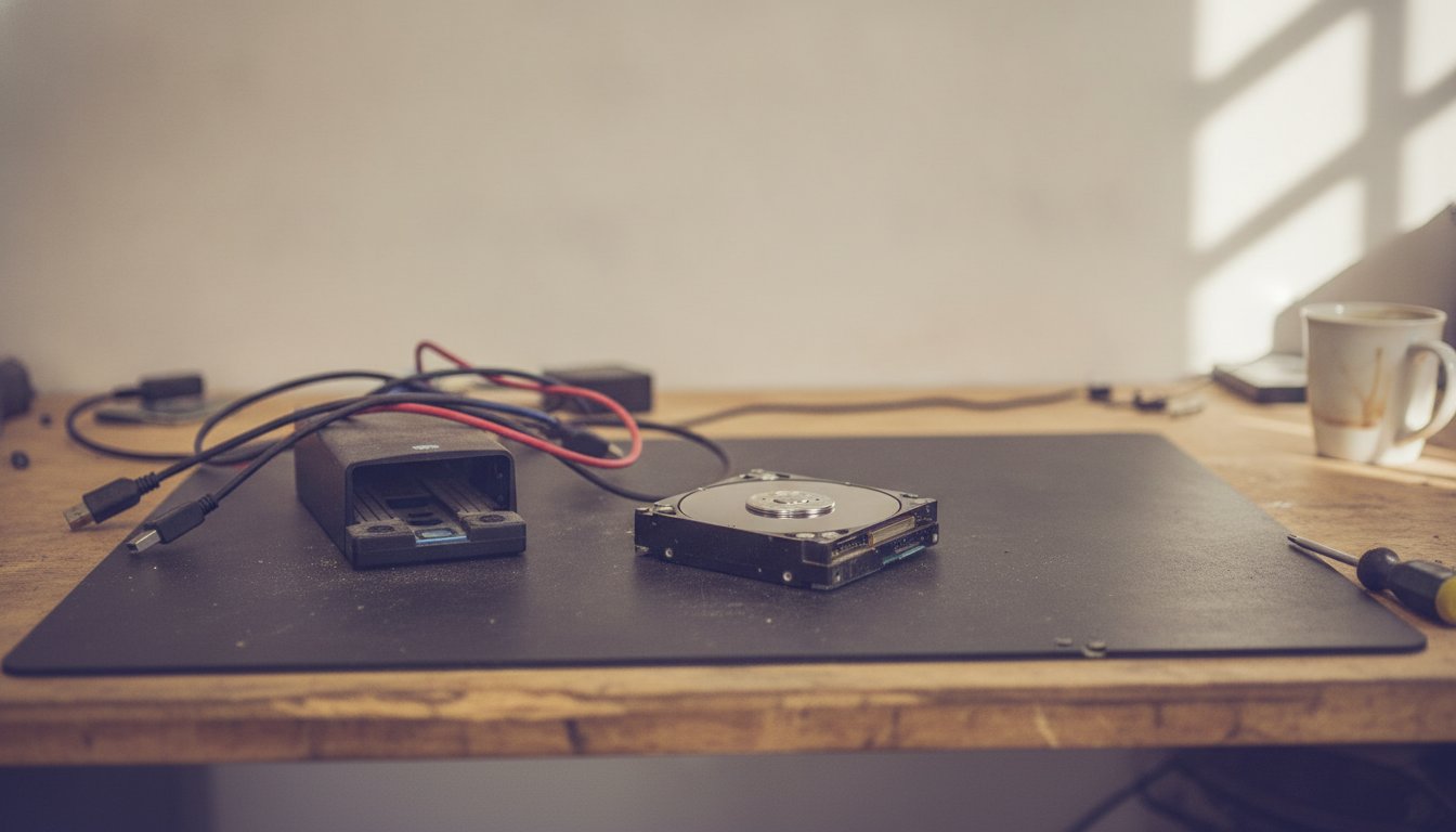 A bare hard drive on the anti-static mat of a small repair bench beside a drive dock and cables, where a data recovery job starts