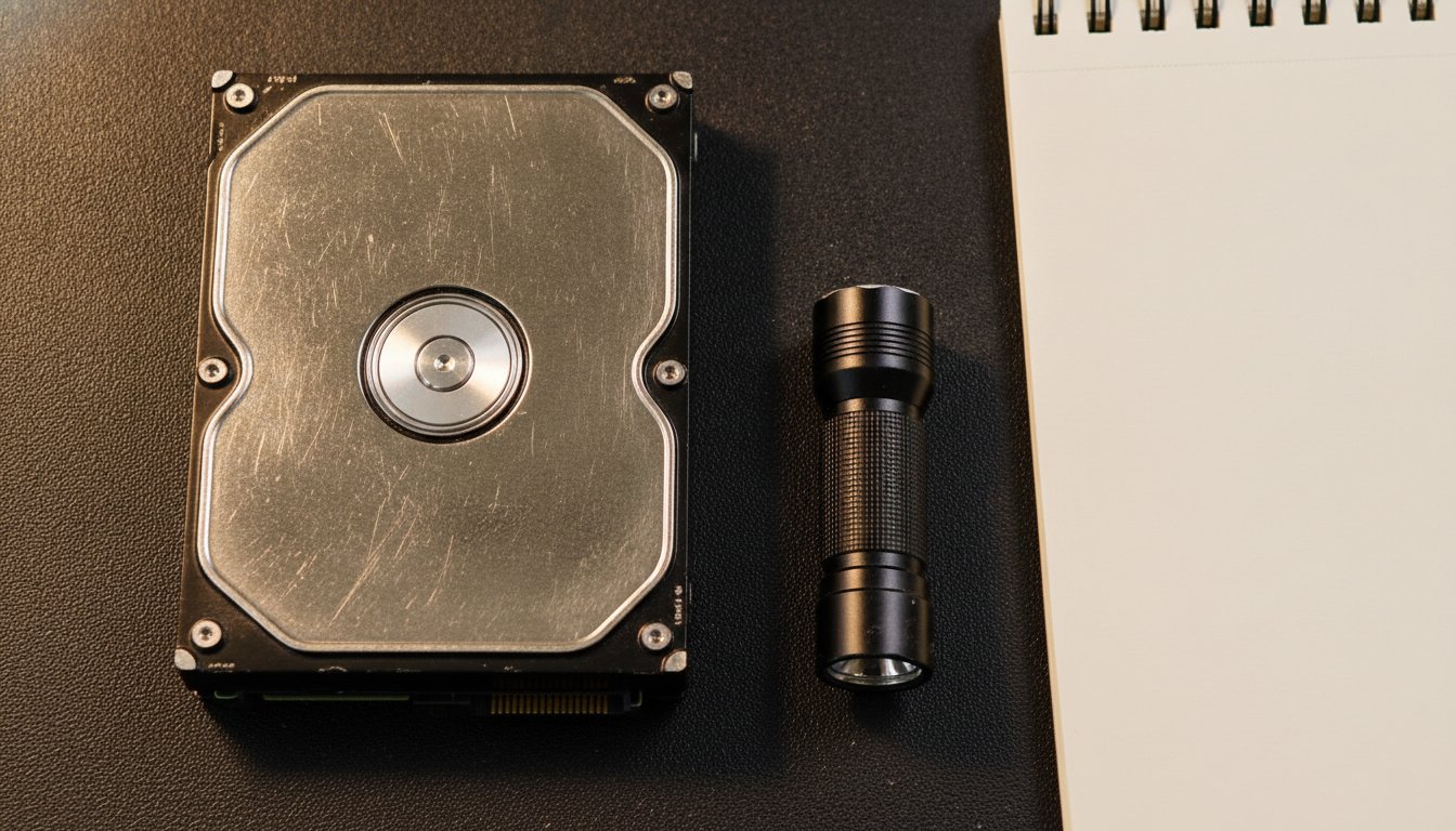 A bare internal hard drive on an anti-static mat with a flashlight and a blank notepad, waiting on a data recovery evaluation