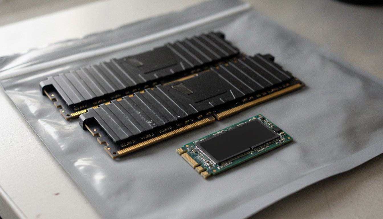 Two memory sticks and an M.2 SSD on an antistatic bag, the parts whose prices moved most in 2026