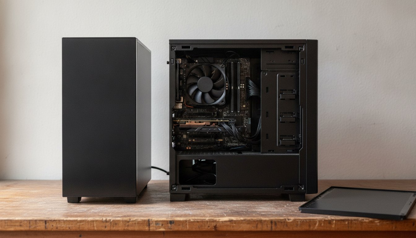 A closed prebuilt tower beside an open self built tower, the comparison behind building a PC versus buying prebuilt