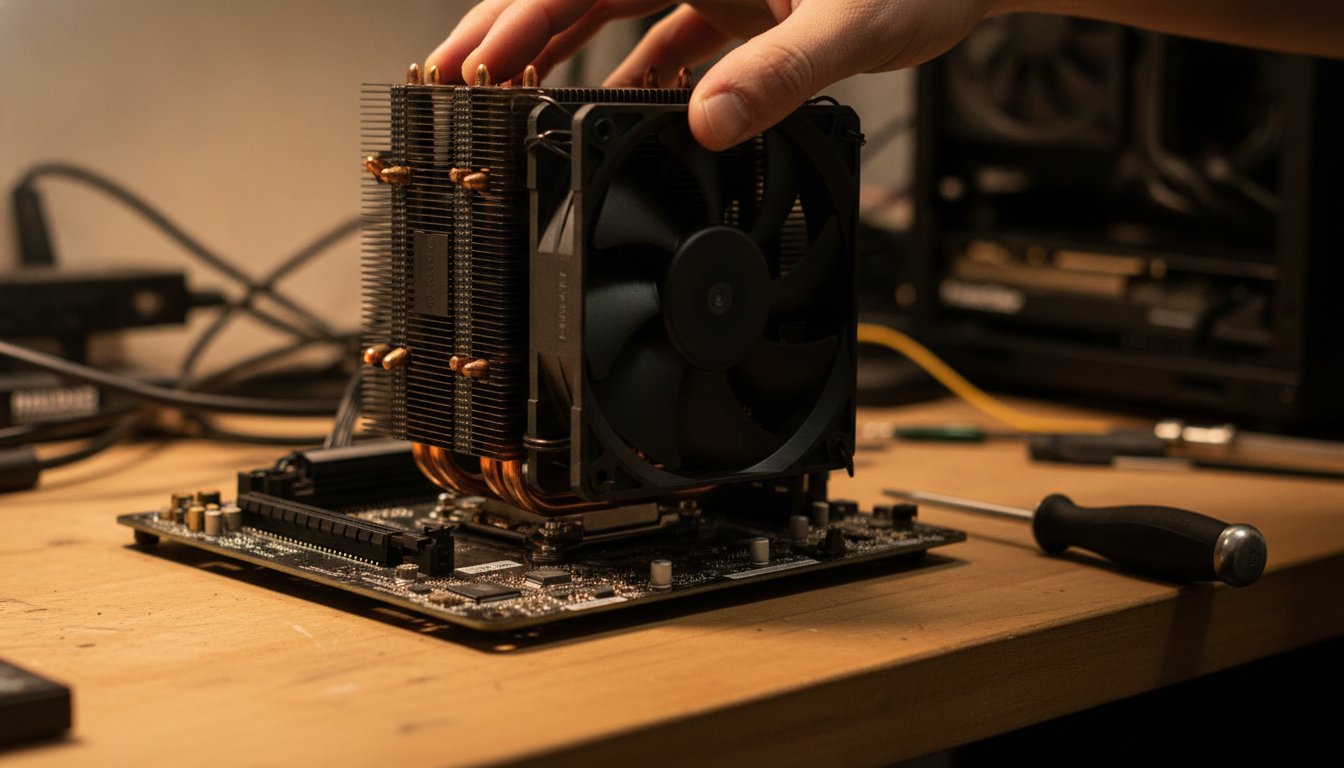 A tower CPU cooler being fitted to a motherboard on a bench, the labor step a shop build fee actually covers
