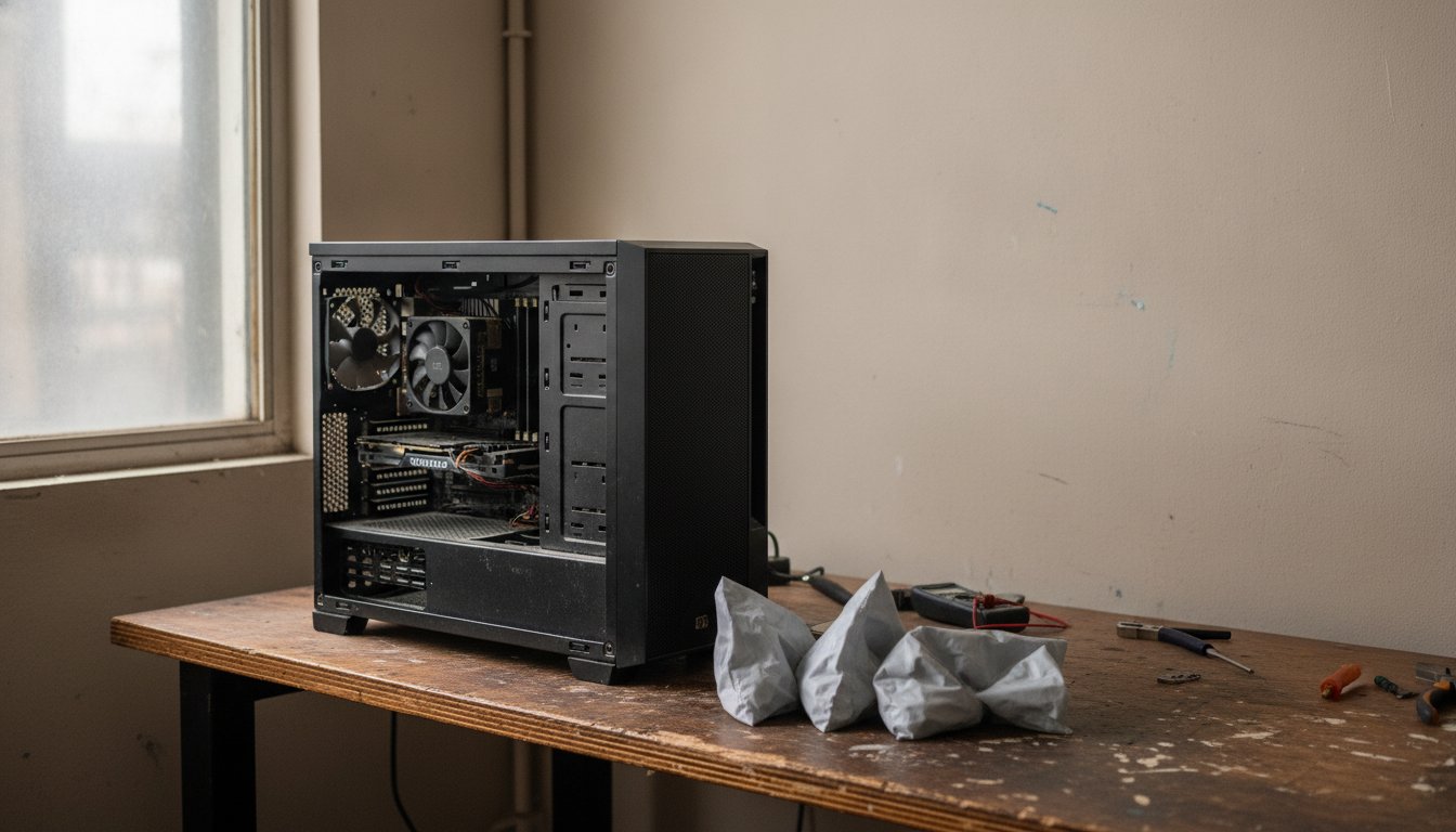 An open PC case and loose parts on a repair shop workbench, the starting point for pricing a PC build in 2026