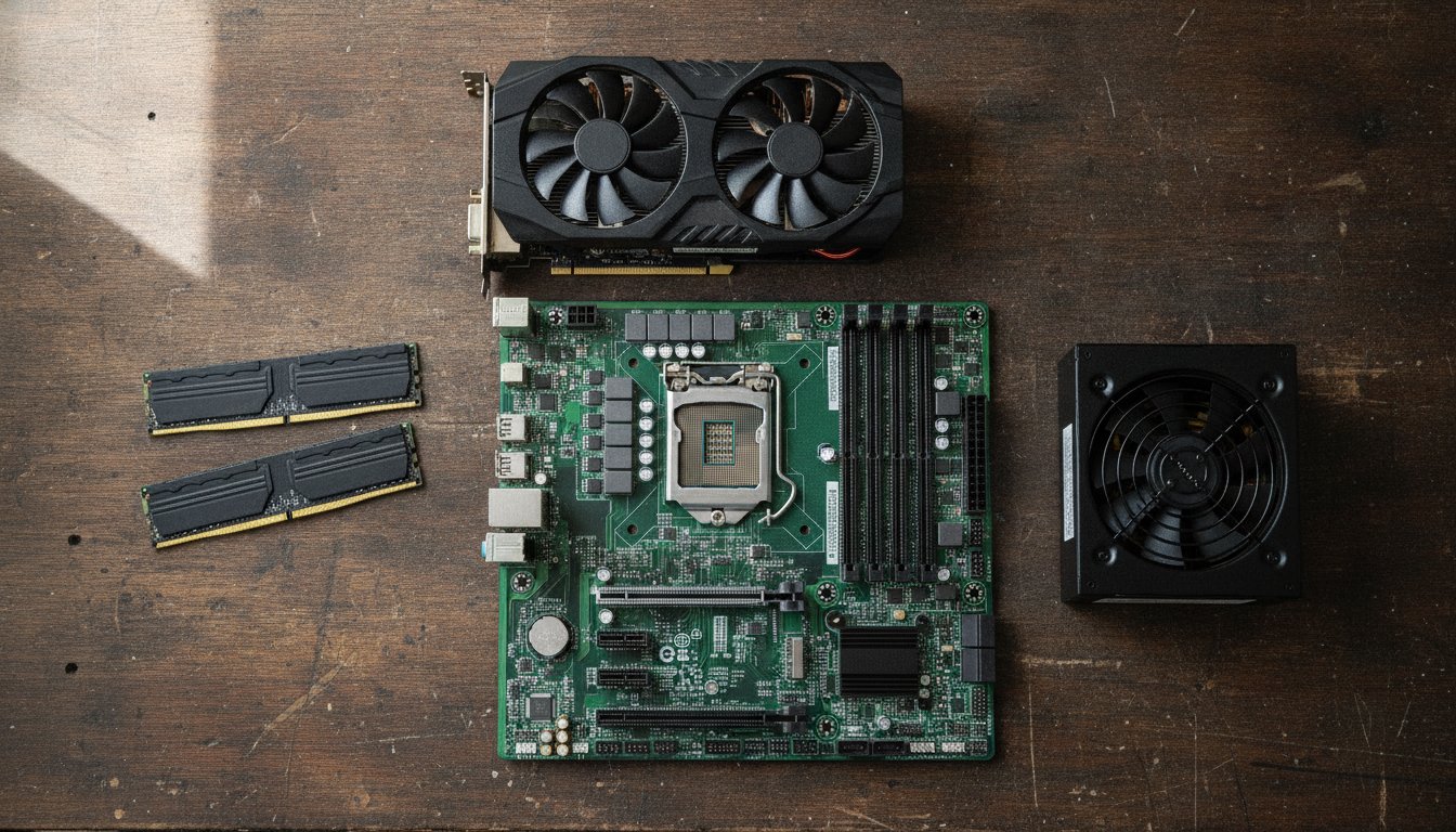 New PC parts laid out on a workbench before assembly, the components that set the cost to build a PC in 2026